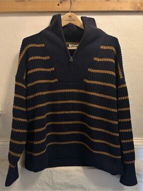 Faherty Navy and Mustard Striped Cotton Half-Zip Pullover